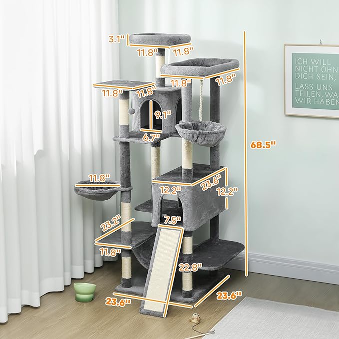 PawHut Flower Cat Tree, 69" Large Cat Tower for Indoor Kittens with 2 Spacious Condos, Sisal Scratching Posts, 2 Hanging Balls, Perches, Ramp, Bed, Dark Gray