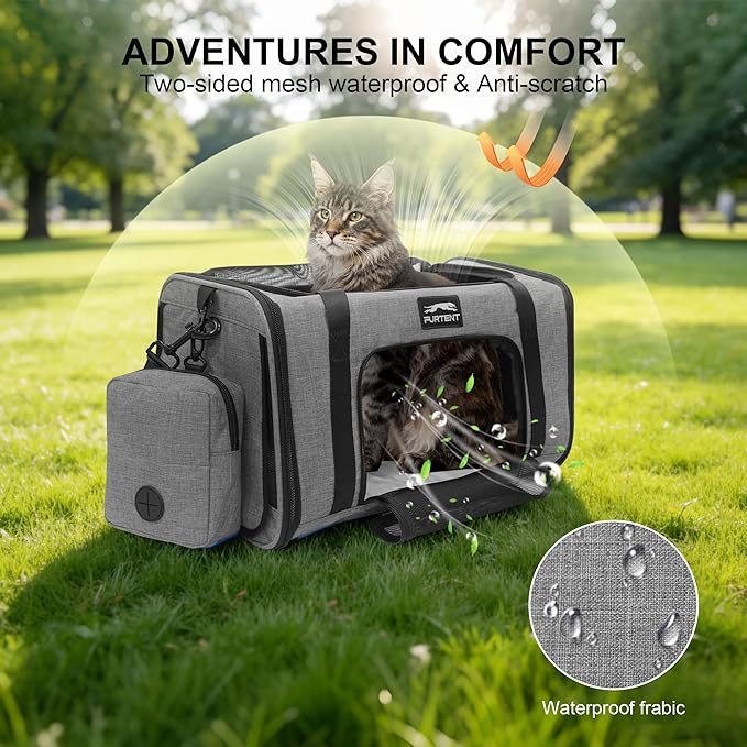 Soft Sided Cat Carrier Airline Approved up to 15lbs, 17x11x9.5 Inch Ventilated Pet Travel Bag with Foldable Litter Box & Storage, Portable Cat Transport Carrier for Flights Car Vet Gray