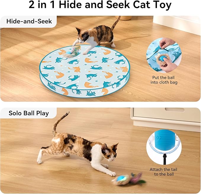 ZOMISIA Interactive Cat Toy Ball, Hide and Seek Cat Toys in Play Mat, Moving Rolling Kitten Toys for Indoor Bored Cats, Motion Activated Rechargeable Kitty Toys with 3 Tails/LED Light/Bird Chirping
