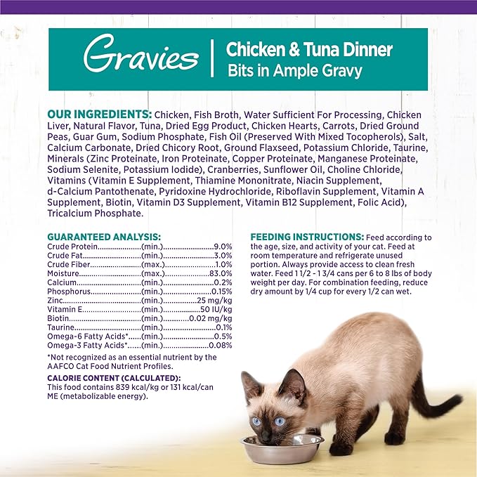Wellness Complete Health Gravies Adult Canned Wet Cat Food, Natural, Protein Rich, Grain Free, Chicken and Tuna Dinner Recipe, 5.5 oz, Pack of 12 Cans
