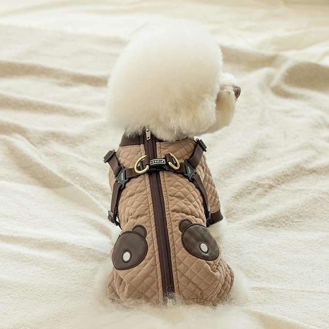 Puppia Quilo Warm Cute Winter Jumpsuit with Integrated Harness for Small and Medium Dogs, Beige, Large