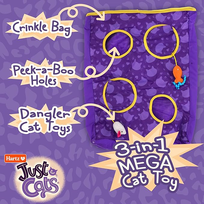 Hartz Just for Cats The Crinkler, 3-in-1 Mega Cat Toy with Silver Vine & Catnip, Crinkle Bag, Peek-a-Boo Holes, 3 Dangler Toys