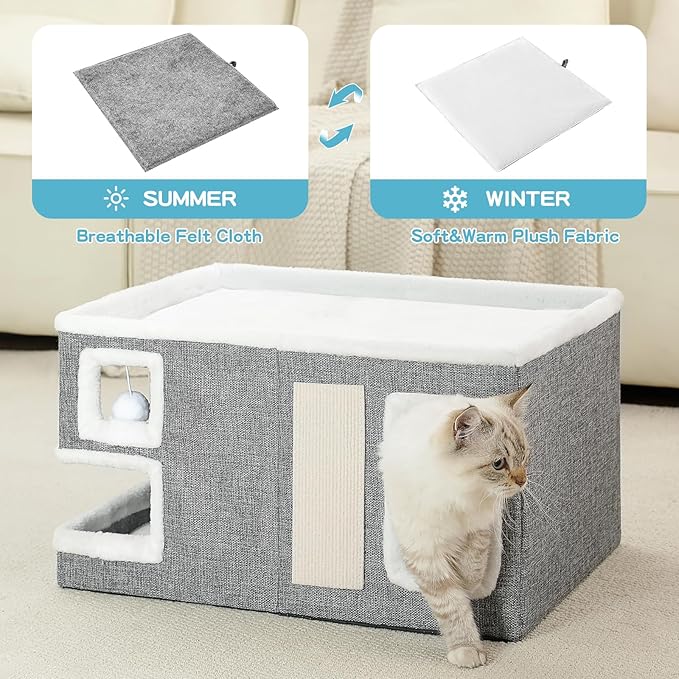 Large Cat Houses for Indoor Cats, Extra Wide Cat Cave Bed with Scratch Pad and Fluffy Ball, Foldable Cat Hideaway Condo for Large Cats, Modern Kitten Bed,23x16x13 inches (Grey, X-Large)