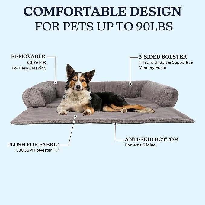 PETMAKER Couch Cover for Dogs Washable - 45x45in Plush Dog Couch Cover Protector for Large Pets - Washable Pet Furniture Protector with Foam Bolster and Non-Slip Bottom - Puppy Essentials (Gray)