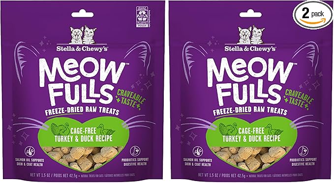 Stella & Chewy's Meowfulls Freeze Dried Cat Treats - Turkey & Duck Recipe - Raw Protein with Probiotics-& Salmon Oil - 1 Calorie Per Treat - 1.5 oz,(Pack of 2)