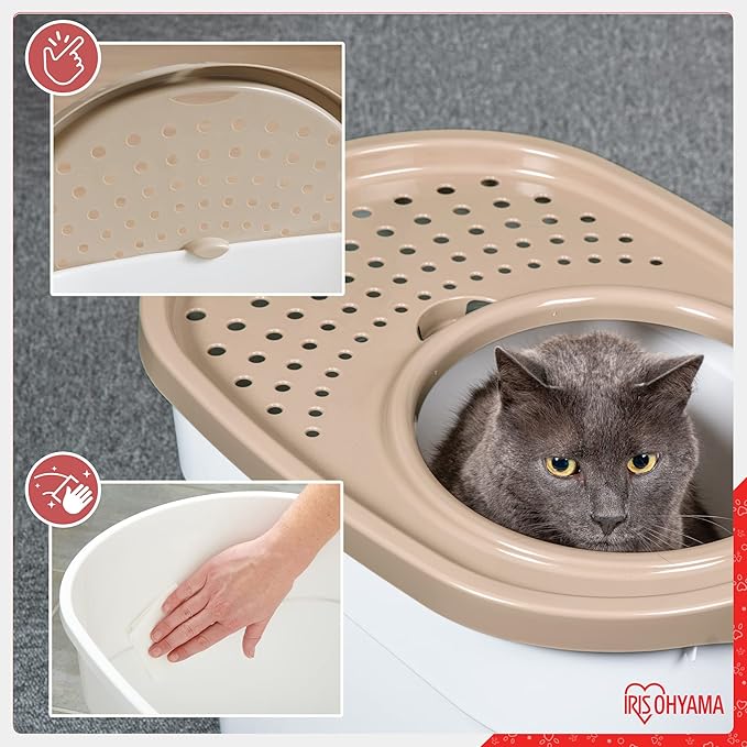 Iris Ohyama, Cat Litter Box, Closed cat Toilet House, Ventilation Opening, Plastic (PP) BPA-Free, Scoop, L52 x W37.5 x H36.5 cm, TECL-20, White/Beige