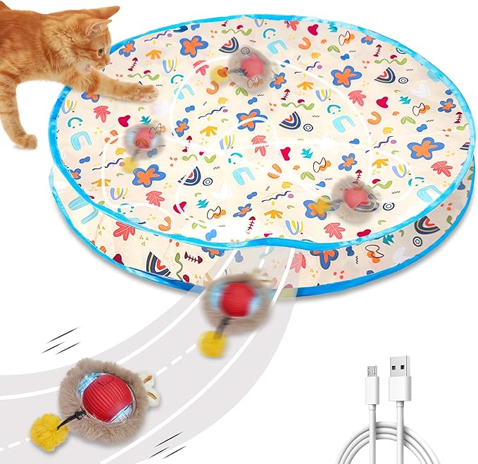 Interactive Cat Toys, Fast Rolling Ball in Play Mat, Automatic Motion Activated Ball Hide and Seek for Cat Indoor Toys, Mouse Catching Game Boredom Relief, 28" Mat