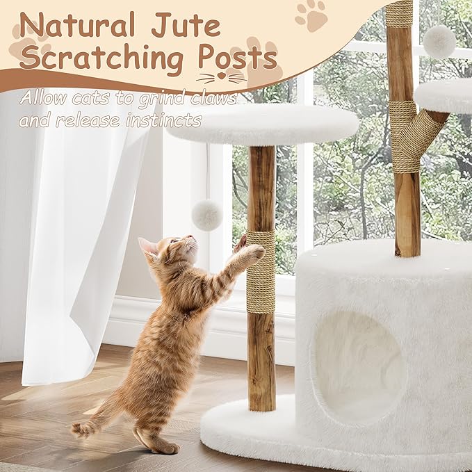 Modern Sturdy Wood Cat Tree Tower for Indoor Cats – 46" Multi-Level Condo, Large Wicker Basket Bed, Scratching Posts, Jumping Platforms, Pom Pom Balls,Cat Furniture for Multiple Cats,a Tree Branch