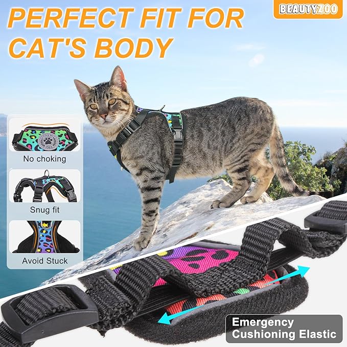 BEAUTYZOO Cat Harness and Leash for Walking, Escape Proof Soft Adjustable Vest Harnesses for Small Cats Kittens, Easy Control Breathable Reflective Strips Jacket, Leopard, S