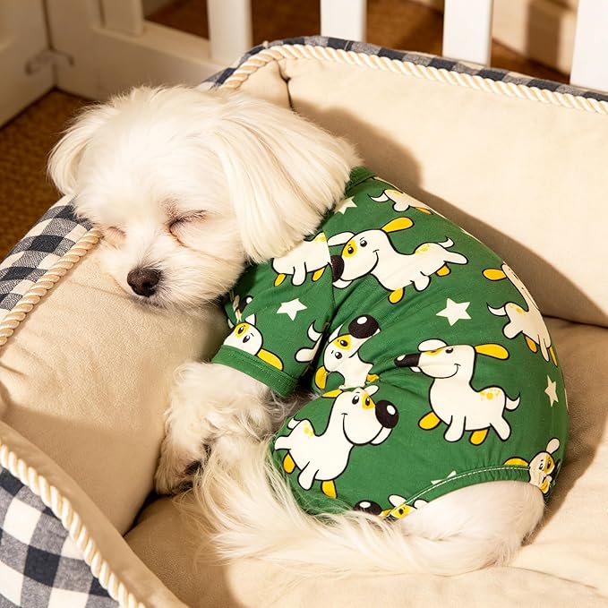 Dog Pajamas Summer Cute Print Puppy Jumpsuit Thin Dog Onesie Small Dog Clothes with Comfy & Elastic Frbic Puppy Pjs(Green Puppy, X-Small)