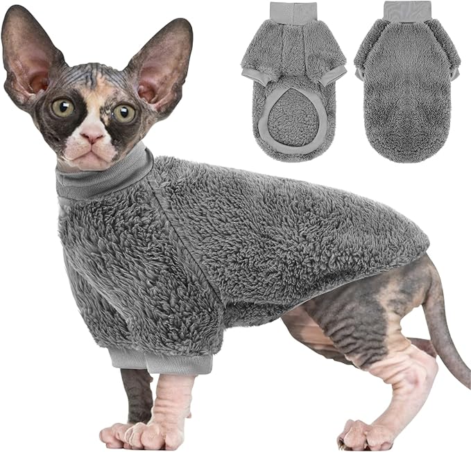 Sphynx Cat Sweater, Hairless Cats Turtleneck Pullover Kitten Sweaters for Cats Only, Warm and Soft Cat Pajamas Shirt with Sleeves Pet Winter Clothes Fleece Jumpsuit for Puppy, Grey M