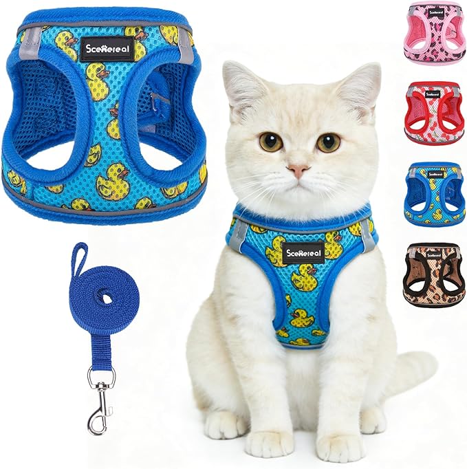 SCENEREAL Cat Harness & Leash Set Escape Proof - Adjustable Air Mesh Vest with Reflective Strips for Kittens, Puppies, Rabbits, Duck S