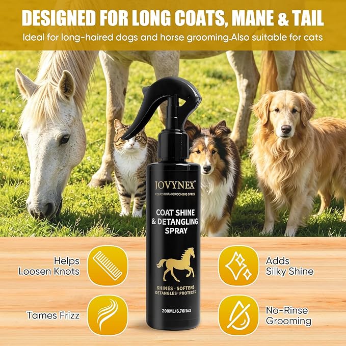 Dog Detangler Spray for Dogs & Horses, 6.76 Oz Mane and Tail Leave-in Conditioner for Long Coats, Helps Loosen Knots, Tangles & Mats, Smooths Frizz, Adds Shine, Fruit Scent