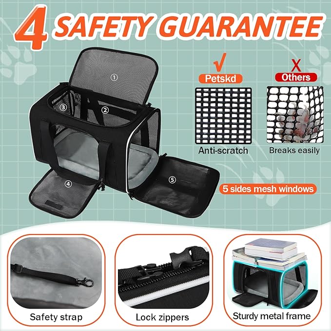 Petskd Small Pet Carrier with Wheels(18" L x 13" W x 9.5" H), Southwest Airlines Approved, Rolling Pet Carrier for Small Dogs & Cats (Black)