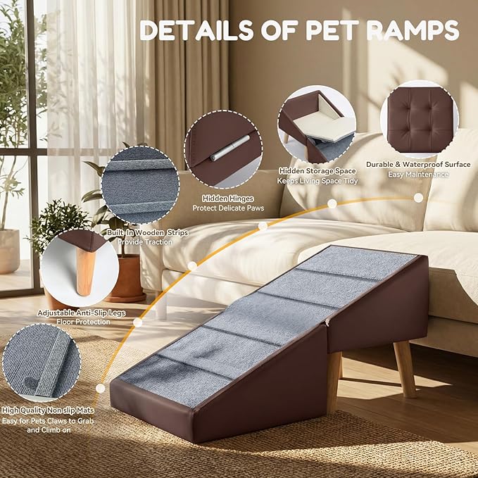 Dog Ramp & Stair for Couch Sofa Bed, 18.5" Extra Wide 15.7" H Foldable Ottoman & Hidden Storage 3-in-1 Design, Safer Non-Slip Leather Pet Steps for Puppy Senior Injured Dogs (Brown)