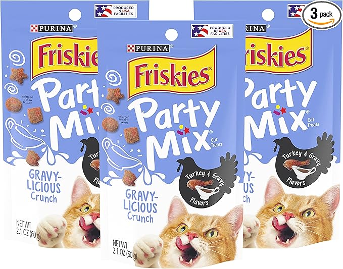 Purina Friskies Party Mix Cat Treats, Gravy-Licious Crunch with Turkey & Gravy Flavors, Crunchy Treats for Adult Cats, 2.1 Ounce Resealable Pouch (Pack of 3)