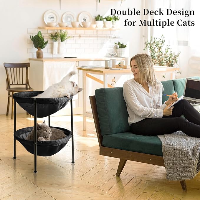 JUNSPOW Double Cat Bed Black, Breathable Pet Bed for 2 Cats with 4 Adjustable Feet & Anti-Slip Mats, Easy Assembly Cat Hammock for Multi-cat Household, Indoors & Outdoors, 22.8 in x18.7 in x 18.7 in
