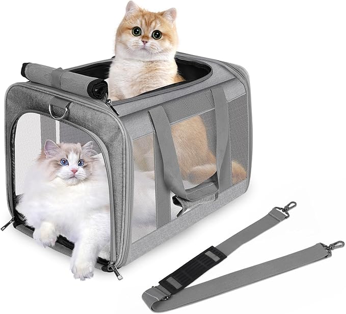 Cat Carrier for Large Cats up to 20 Lbs,Soft-Sided Pet Carrier for Large and Medium Cats, Small Dogs,Puppies,Collapsible Dog Carrier Travel Bag with 2 Storage Bags,4 Mesh Windows (Grey, Medium)