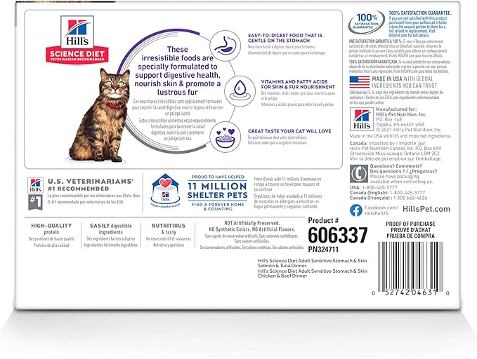 Hill's Science Diet Adult Sensitive Stomach & Skin Wet Cat Food Variety Pack, Chicken & Beef, Salmon & Tuna, 2.8 oz. Pouches, 12-Pack