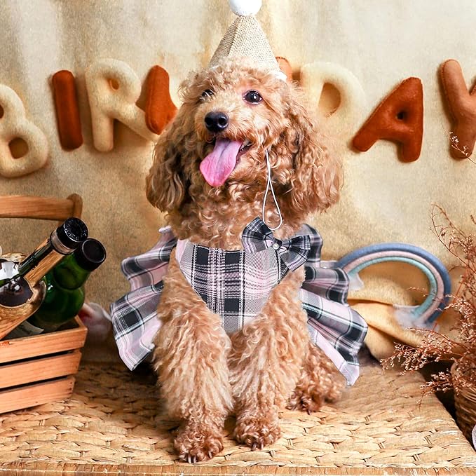 Dog Dress Bowknot Harness Leash Set for Small Dogs Girl Cute Plaid Dog Dress Pearls Bow Tie Spring Summer Princess Clothes Birthday Holiday Doggie Outfits for Puppy Cats Girl Apparel (Black, X-Large)