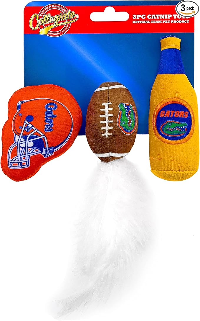 Best Plush CAT Toy - NCAA Florida Gators Complete Set of 3 piece Cat Toys Filled with Fresh Catnip. Includes: 1 Helmet Cat Toy, 1 Football Cat Toy with Feathers & 1 Beer Bottle. Beautiful Team Logos