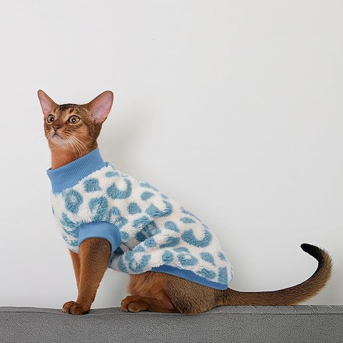 PUMYPOREITY Winter Warm Cat Sweater - Super Soft & Elastic Knit with Plush Fleece, Easy-On Design with Ribbed Neck & Cuffs, Stretchy Cat Outfit for Indoor/Outdoor Use,Blue, S