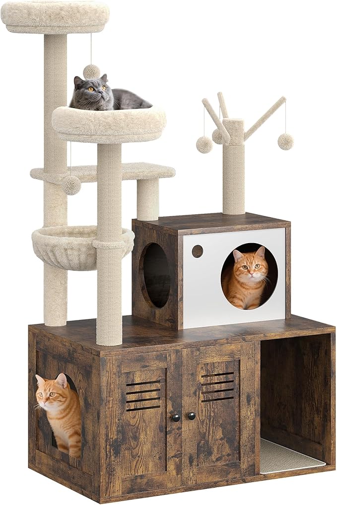 Modern Wooden Cat Tower with Hidden Litter Box Enclosure, Multi-Level Cat Condo, Scratching Posts, Cozy Hanging Basket & Toy, Durable Cat Tree Furniture for Indoor Cats, Vintage Brown