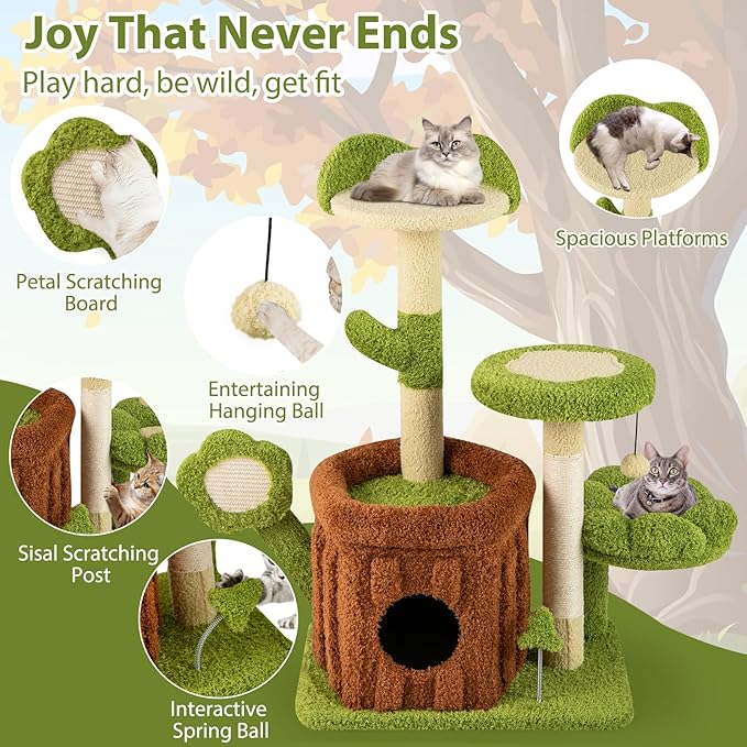 PETSITE Forest-Themed Cute Cat Tree, 36 Inches Tall with Sisal Scratching Posts and Board, Condo, Dangling Ball, and Spring Toy, Ideal for Indoor Small & Medium Cats (21.5 x 16 x 36 inches)