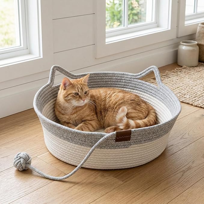 Stimulicat Hand Woven Cotton Rope Cat Bed Basket with Scratching Pad and Ball, Round Boho Pet Nest for Indoor Cats and Small Dogs, Natural Breathable, All-Season (Green, Small)