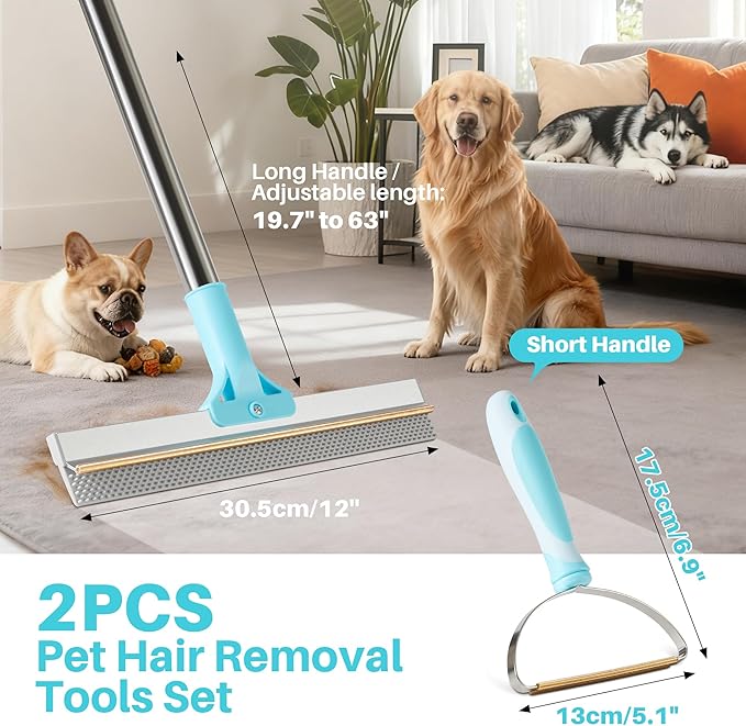 JOYMOOP 2 PCS Pet Hair Remover Set, 63" Adjustable Long Handle Rake and Short Handle Lint Scraper for Carpet, Sofa, Couch and Cloth, Metal & Silicone Fur Cleaning Tools for Cat and Dog
