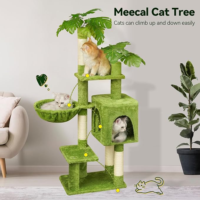 Meecal Green Tall Cat Tree 47-Inch for Kittens Under 6 Months 9lbs, Cat Tower for Small Cats - Scratching Post, Plush Hammock, Double Condos & Dangling Toys