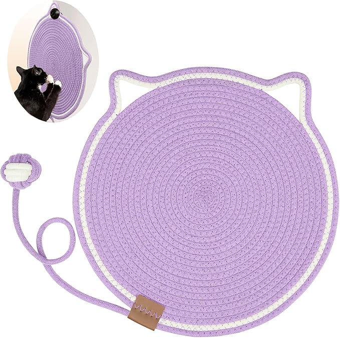 Letalong Cat Scratcher Mat, Natural Cotton Rope Cat Scratch Pad, 15.7'' Round Horizontal Floor Cat Scratching Pads for Indoor Cats, Cat Furniture Protector for Wall, Couch, Carpets, Sofas, Purple