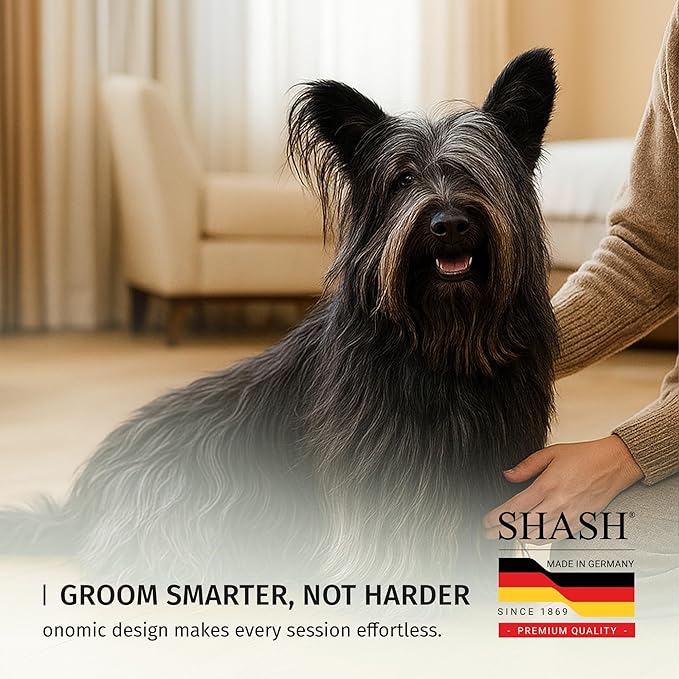 SHASH Since 1869 Hand Made in Germany Slicker Pet Brush with Curved Metal Pins and Rubber Cushion - Helps Detangle Knots, Eliminate Frizz, Reduce Pulling & Snagging