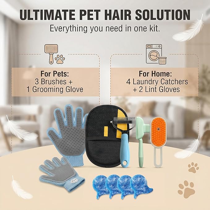 10-Piece Pet Grooming Kit-Dematting Comb,Spray Massage Brush,Pin Brush,Double-Sided Massage Glove,Static Hair Removal Gloves &Washing Machine Pet Hair Remover-Dog & Cat Grooming for Long & Short Hair