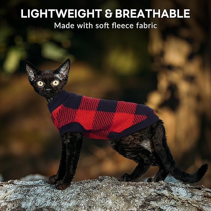PUMYPOREITY Christmas Sweater for Cats, Cozy Fleece Cat Shirt - Stretchy & Warm, Super Soft Kitten Sweater, Machine Washable Pet Clothing for Comfort & Style, Red, XS