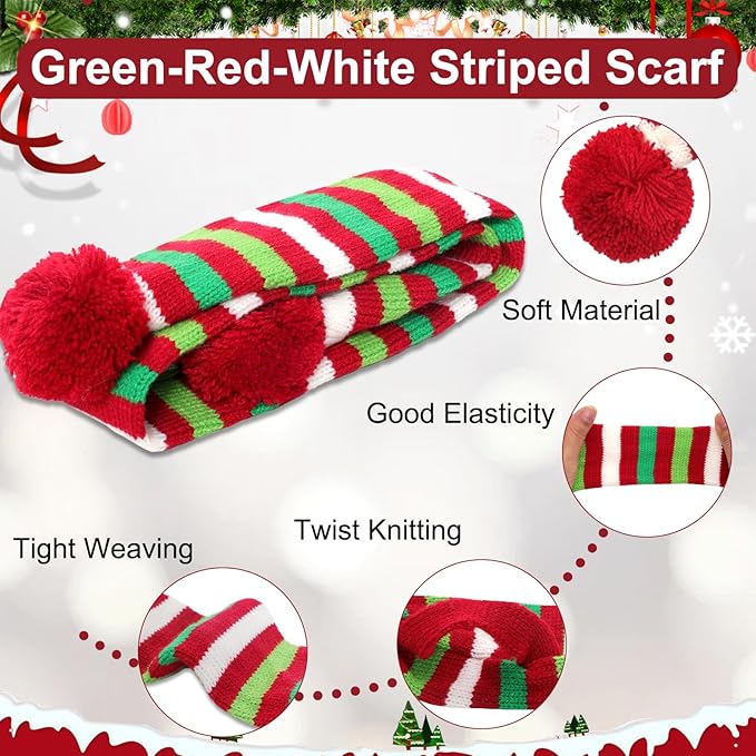2Pcs Dog Christmas Outfit Dog Reindeer Costume Elk Antlers Headband and Red-White-Green Striped Scarf Set Pet Costumes Accessories for Dogs and Cats