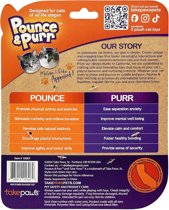 Pounce & Purr® Plush Cat Toys, Catnip & Silvervine Infused, Shiny Iridescent Accents, Interactive Play Toys for Cats & Kittens (Backyard Buggin' Series)