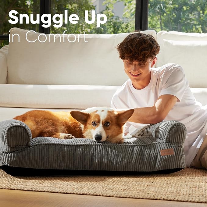 FUKUMARU Dog Couch Bed, Corduroy Cozy Cat Bed for Indoor Cats with Washable Cover, 28in Waterproof Orthopedic Dog Beds Sofa for Small Dogs and Large Cats, Cute Warm Cotton Pet Sofa, Grey