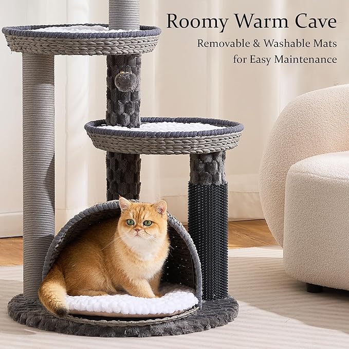 Wood Modern Cat Tree for Large Cat, 46" Tall Cat Tower with Scratching Posts, Cat Condo, Aesthetic Multi-Level Cat Climbing Tree with Hand-Woven Bed for Adult Indoor Cats-Grey