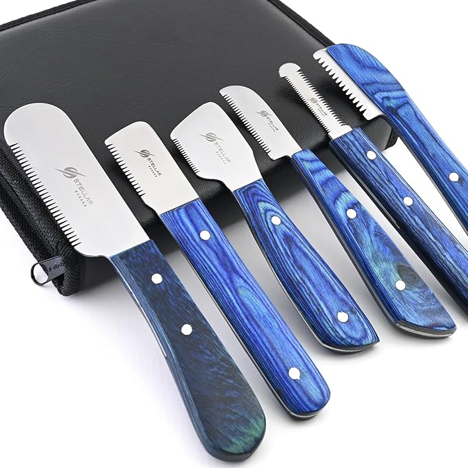 Dog Grooming Stripping Knife Set – 6-Piece Stainless Steel Hand Stripping Tools with Wooden Handles – Coarse, Medium, Fine & Extra-Fine Knives for Dogs, Cats & Wire-Coated Pets (Blue)