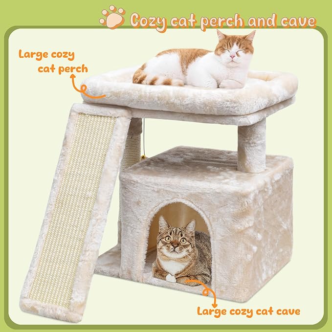Small Cat Tree for Indoor Cats, Cat Tower with Scratching Post, Perch and Cozy Condo for Kittens and Adult Pets (Beige)