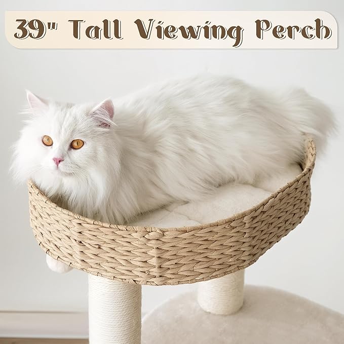 NUNU Modern Cat Tree, Modern Cat Trees Tower, Wooden Cat Tree for Large Cats, 39" Cat Tower for Indoor Cats, Hand-Woven Condo & Top Perch, for Kittens Climb, Play & Rest