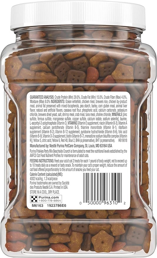 Purina Friskies Party Mix Cat Treats, Beachside Crunch, Made with Ocean Whitefish, Crunchy Cat Treats for Adult Cats, 20-Ounce Resealable Canister (Pack of 2)