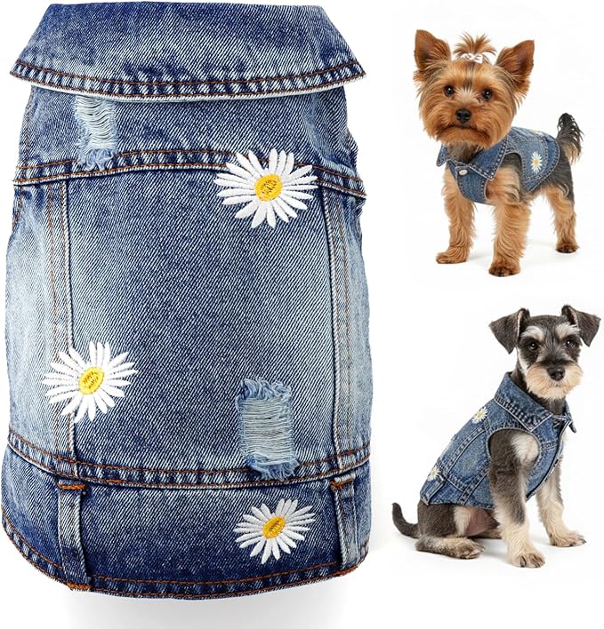 Dog Denim Jacket with Embroidered Daisy, Ripped Vintage Jean Vest for Small Dogs, Pugs, Chihuahuas, Spring Summer Fall Festival Outfit, XXL (Fits Chest 19-20.5", NOT for Large Dogs)
