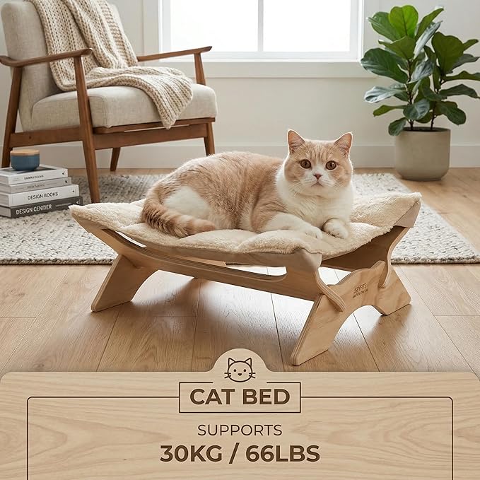 JSPYFITS Elevated Cat Bed Hammock, Raised Orthopedic Dog Bed with Dual-Sided Plush & Linen Cushion, Modern Cat Furniture for Medium to Large Cats, Easy Assembly(Beige)