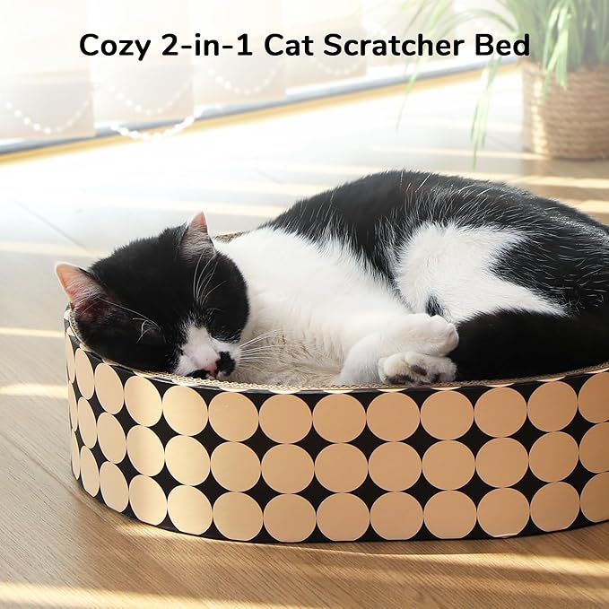 FUKUMARU Cardboard Cat Scratcher Bed, 2-in-1 Oval Cat Scratch Pad, Cats Scratching Board Lounge Bed Indoor, Durable Modern Kitty Scratcher Bowl, Cats Scratch Furniture Protector, Polka Dot