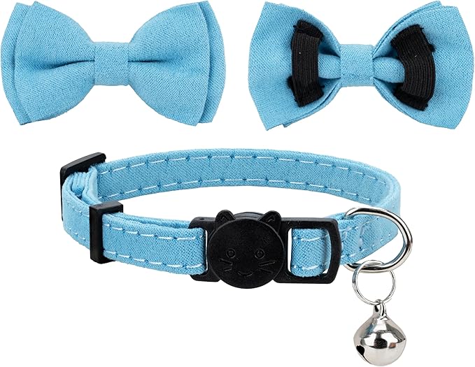 Cat Collar with Bow Tie Bell Breakaway Kitten Small Pet Safety Solid Wedding Basic Pure Color Suede Soft Adjustable [1pc] Blue