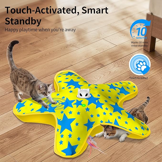 Rechargeable Interactive Cat Toys, Automatic Cat Toy for Indoor Cats, Durable Hide and Seek Cat Toy with Moving Concealed Feathers, Touch Activated Kitten Toys Cat Exercise Toys, Yellow Blue Cover
