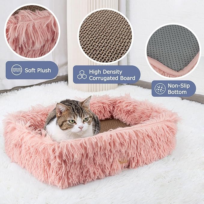 Fluffy Cat Scratcher Bed Box with Removable Cardboard, Corrugated Board Rectangular Cat Scratching Lounge, Pet Scratch Pad for Furniture Protection (Pink)