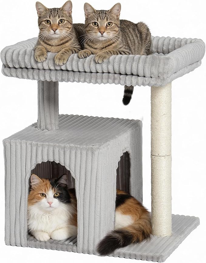 Cat Tree for Large Cat, 20.9 * 15.7in Large Perch Bed for Adult Cats, 22.8in Cat Tower with Scratching Post, Cat Condo with 2-Door for Indoor Cats, Light Gray